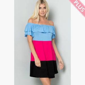 SD5316PL Ruffled Off Shoulder Colorblock Dress - Plus size