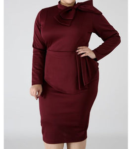 Plus Size Long Sleeve Bow Embellished Peplum Mid-Dress