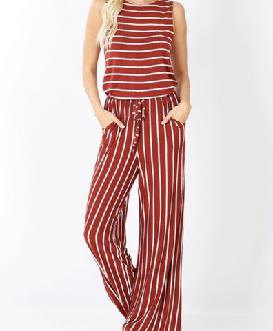 Stripe Sleeveless Jumpsuit with Pocket and Elastic Waistband