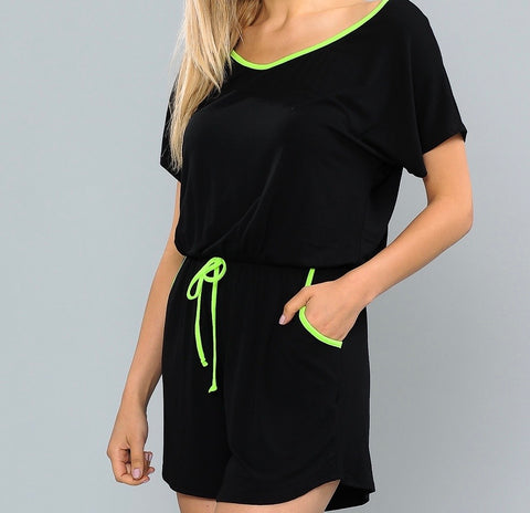 Plus V Neck Neon Green Contrast Romper