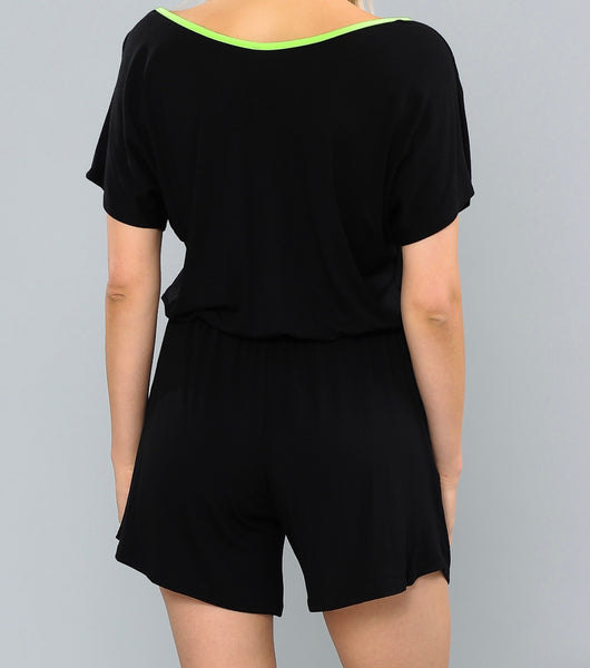 V Neck Neon Contrast Romper with pockets