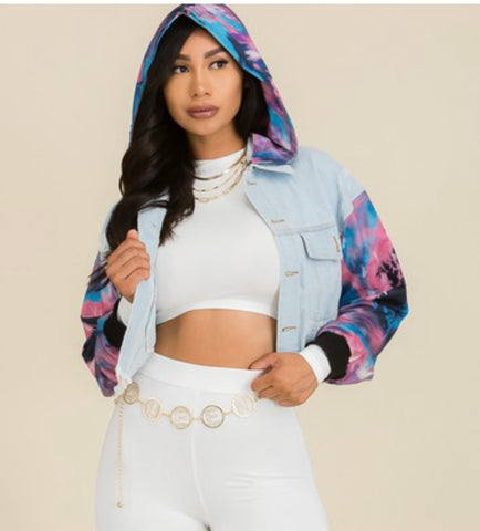 All Sizes-Hoodie Cropped Denim "Bubblicious" Jacket