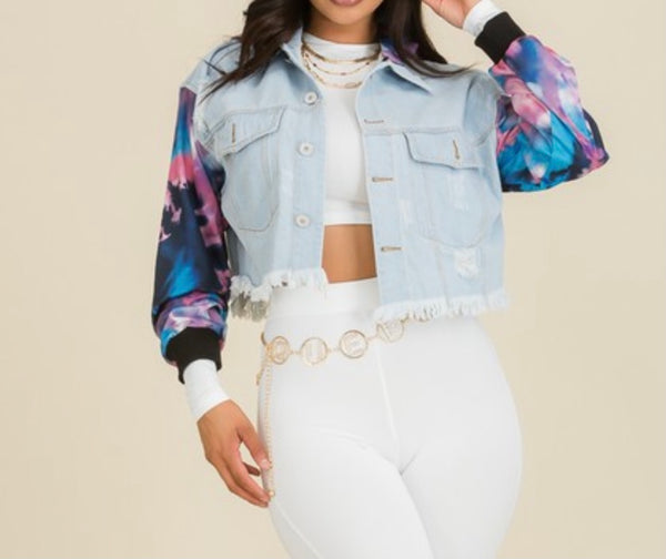 All Sizes-Hoodie Cropped Denim "Bubblicious" Jacket