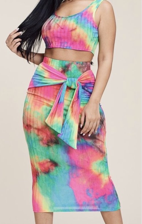 Tie dye sleeveless tank top and maxi skirt two piece set with tie waist