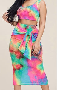 Tie dye sleeveless tank top and maxi skirt two piece set with tie waist